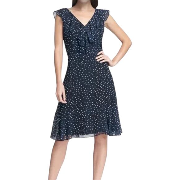 DKNY‎ Womens MIDI Dress Size 8 V Neck Navy Chiffon Polka Dot Fit & Flare - Picture 1 of 9